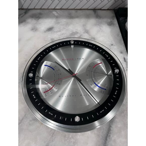 Modern Tech Wall Clock Weather Station Temp Humidity Brushed Aluminum 12” - Picture 8 of 10
